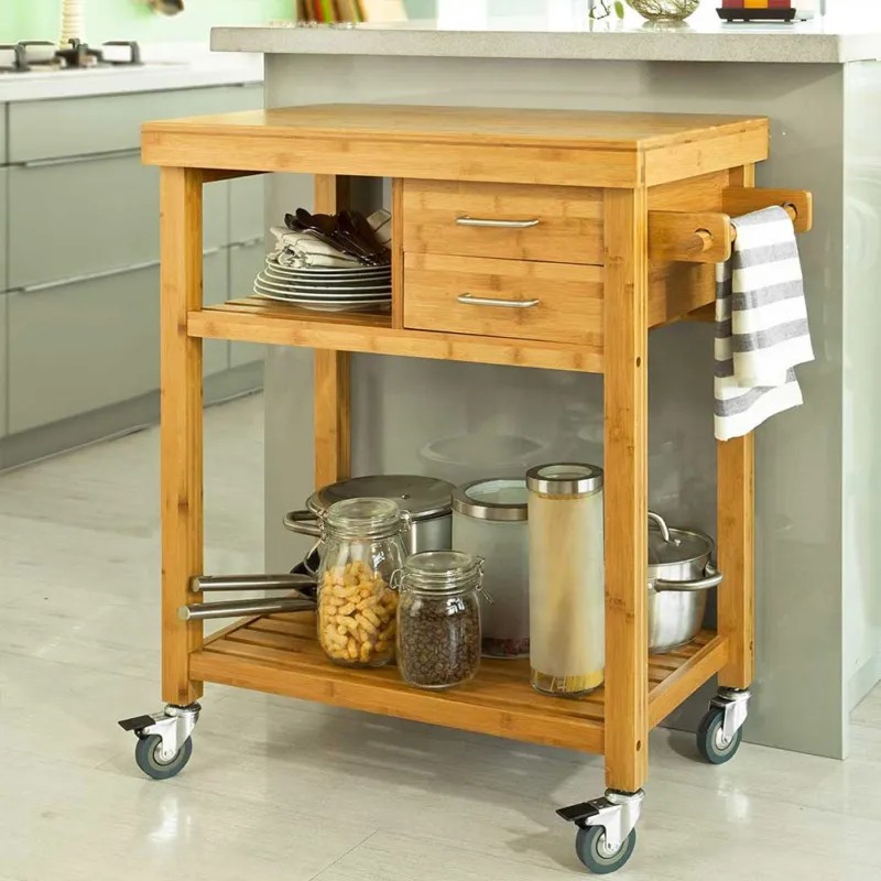 Carrello Cucina Legno Bambu Salvaspazio 2 Cassetti Portaposate 2 Ripiani 4 Ruote Prezzo Scontato