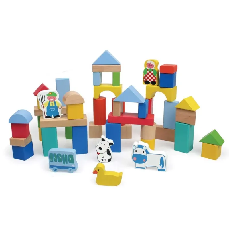 Costruzioni In Legno 50pz Blocchi Mattoncini Costruzione Bambini con Contenitore Professionale