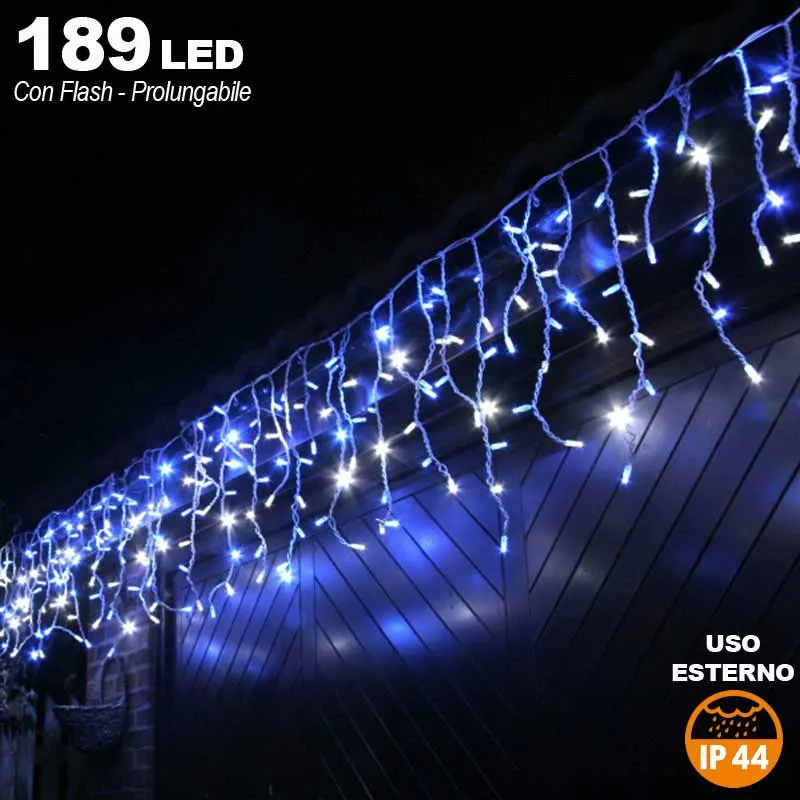 Tenda Cascata Luminosa BLU 510 x 90 cm Esterno Prolungabile Fino a 15MT 189 LED Offerta Del Giorno