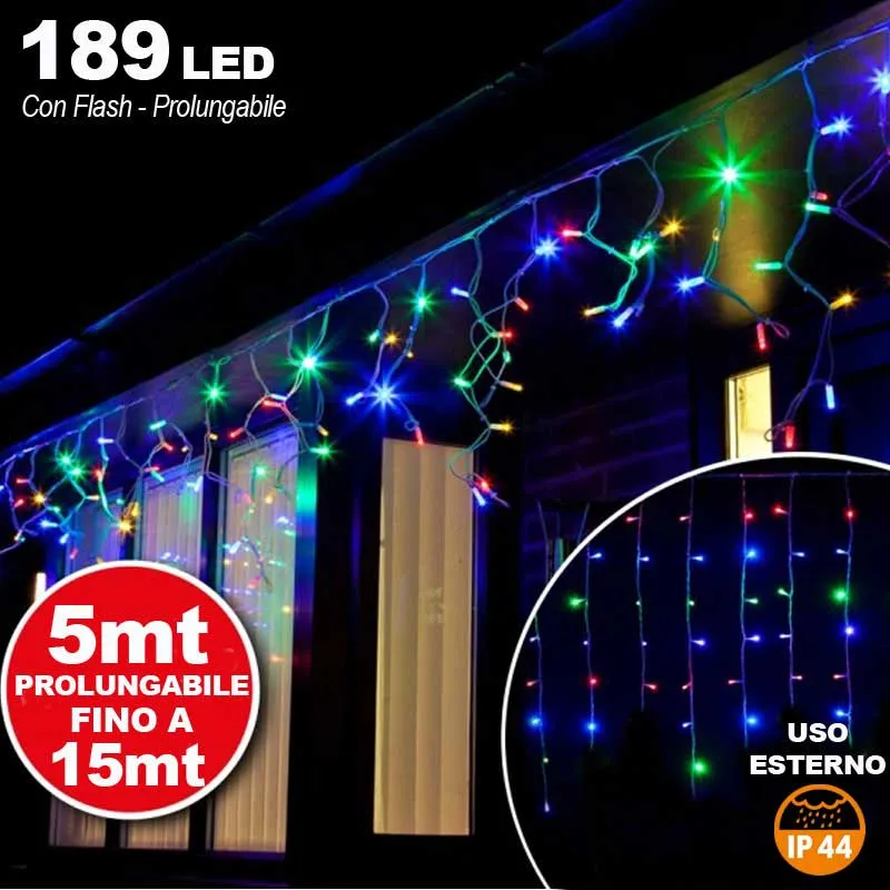 Offerta Lampo Tenda Cascata Luminosa Multicolore 510x90 cm Prolungabile Fino a 15MT 189 LED