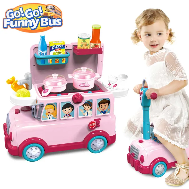 Cavalcabile Trolley Schoolbus Cucina Giocattolo Bambini 3in1 Luci Suoni Accessor Quantità Limitata