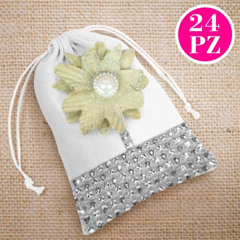 Occasione Set 24 Sacchetti in Tessuto Bianco con Fiore Strass Brillantini e Laccio 14x11cm