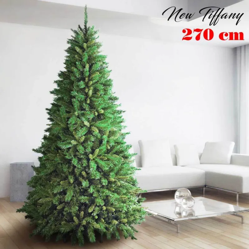 Albero Di Natale 270cm New Tiffany Super Folto 2243 Rami Pino Verde Base a Croce Esclusivo