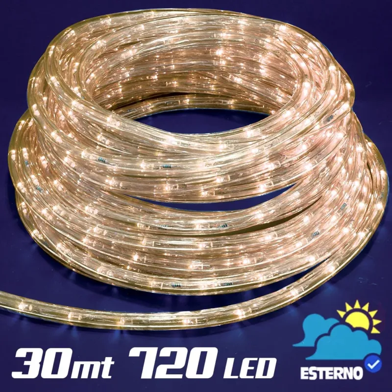 Compra Oggi Stesso Tubo Luminoso 30 metri LED Bianco Caldo 720 Luci per interno e per Esterno