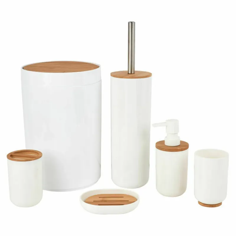 Offerta Speciale Set da Bagno in Legno Bamboo e Plastica Bianco e Naturale 6pz con Portascopino