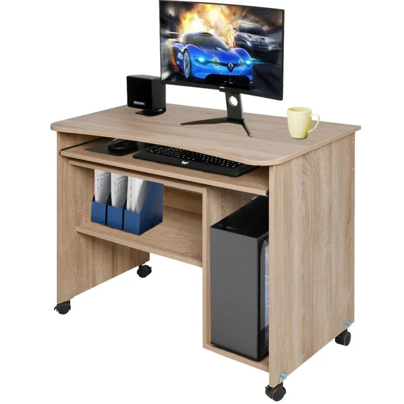 Scrivania Tavolo con Porta Tastiera Coputer e Ripiano in Legno con Ruote Quercia Offerta