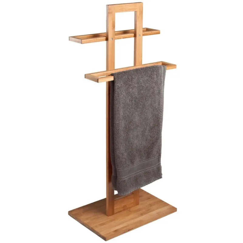 Promozione Porta Asciugamani Da Terra In Legno Bambu 2 Braccia Piantana Bagno Asciugamano