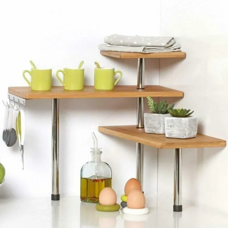 Mensola Scaffale Angolare Cucina 3 Ripiani Legno Bambu e Acciaio Mobile Angolare Di Tendenza