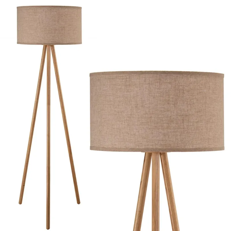 Lampada Piantana Terra Design Moderno in Legno Paralume Tessuto Luce E27 Beige Pagamento Sicuro