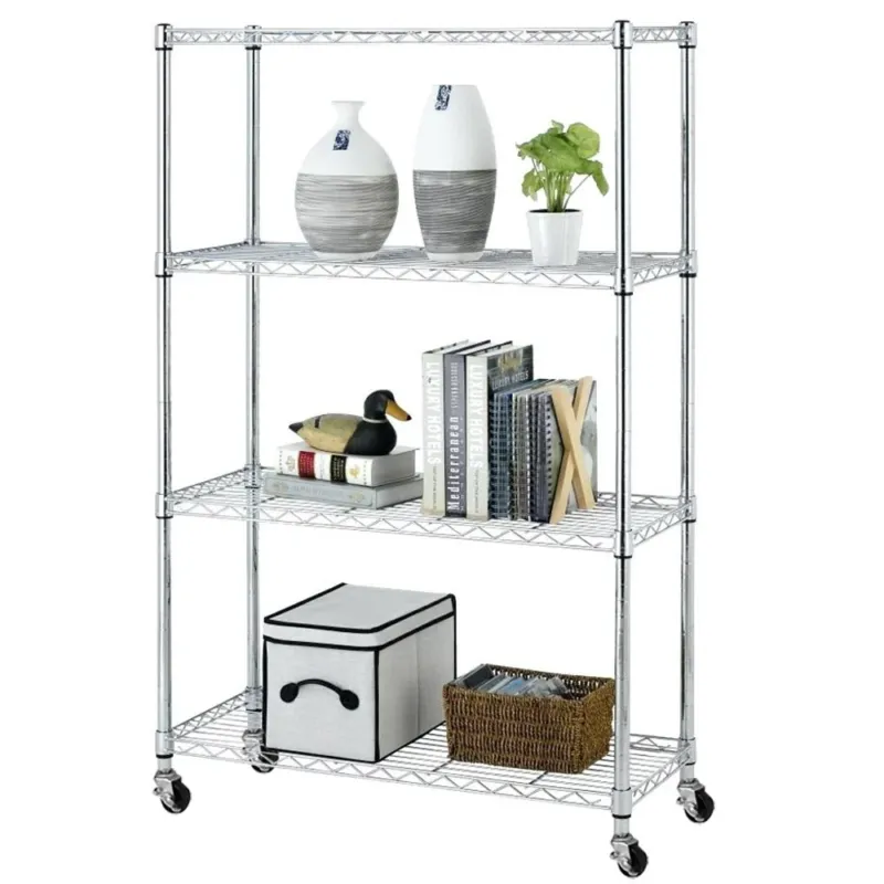 Scaffale 4 Ripiani Acciaio Cromato Mobile Libreria Multiuso 4 Ruote 90x35x143cm Direttamente Dal Produttore