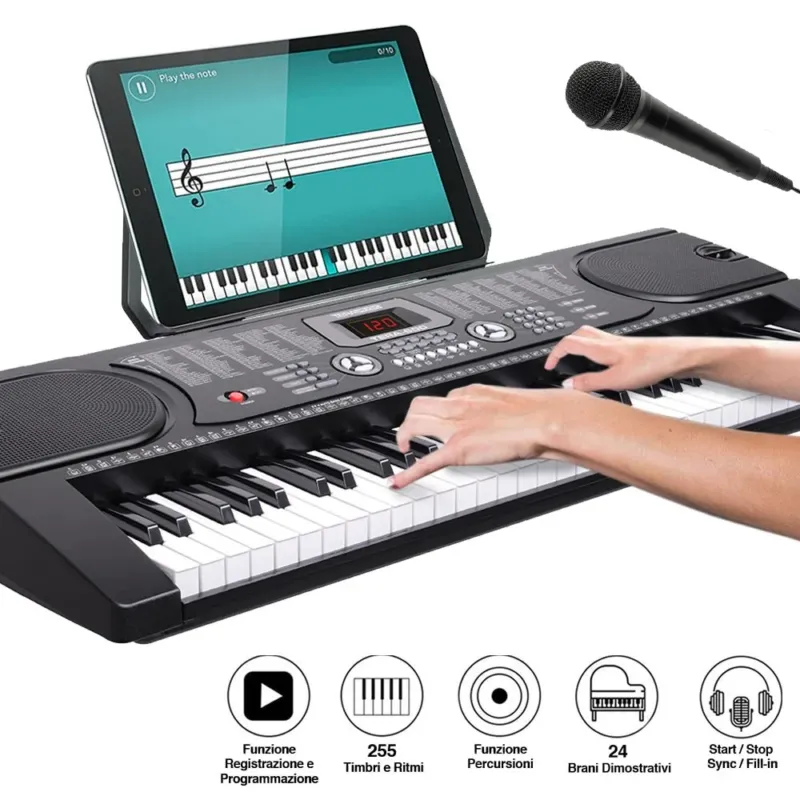 Tastiera Musicale Pianola Elettronica 61 Tasti Pianoforte AUX MIcrofono Spedizione Espresso