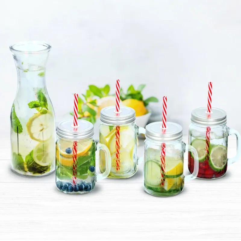 A Buon Prezzo Set Caraffa Brocca + 4 Tazze Bicchieri Barattolo in Vetro con Cannuccia 1Lt