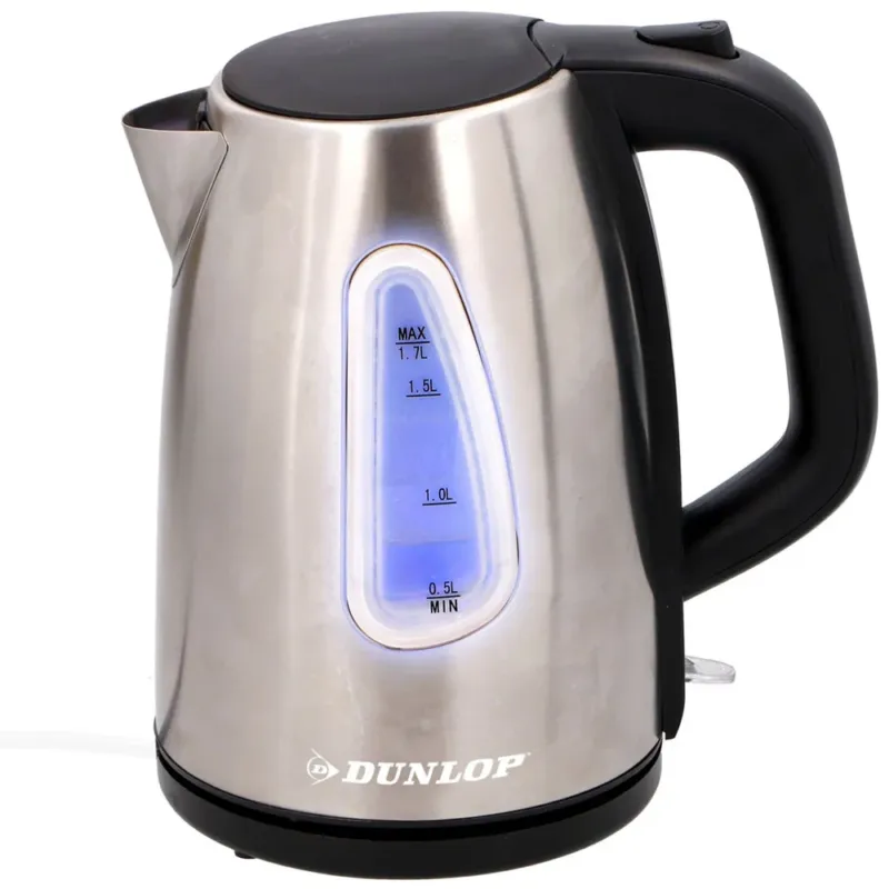 Bollitore Elettrico 1,7Lt 2200W Acqua Calda Acciaio Cordless con Luce LED Dunlop Professionale