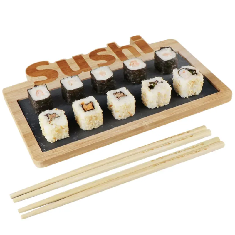 Set Sushi Cibo Giapponese 2 Persone Bacchette Legno Bamboo e Vassoio Ardesia 3pz Must-Have