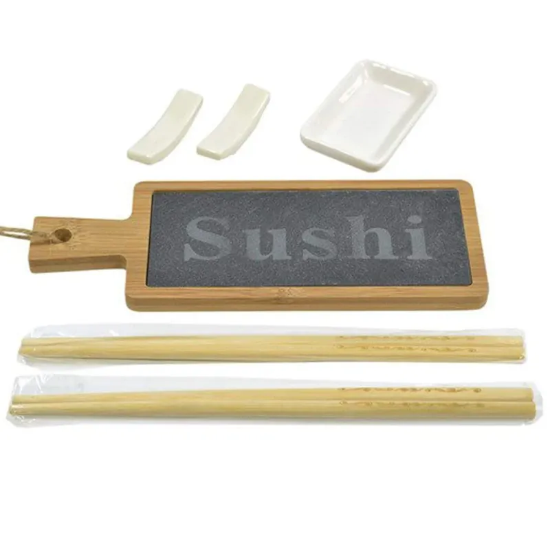 Set Sushi Cibo Giapponese 2 Persone Bacchette Legno Ciotola Vassoio Ardesia 6pz Ultimissimo Modello