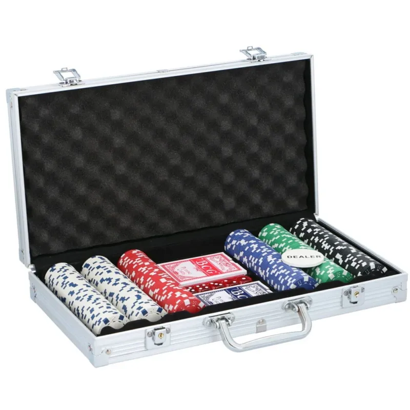 Set Valigetta Da Poker Confezione 300 Fiches 2 Mazzi di Carte 5 Dadi e Gettone Prezzo Scontato