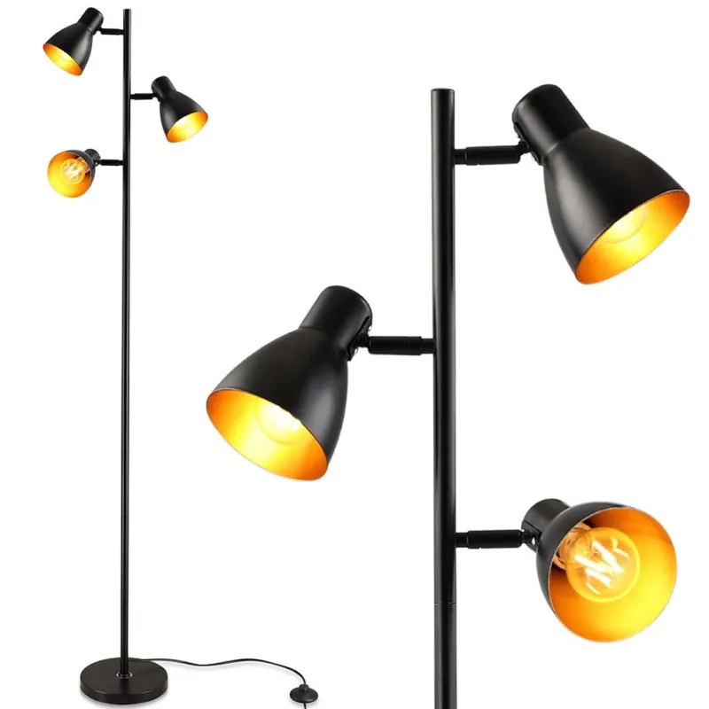 Subito Disponibile Lampada Piantana Terra Design Moderno Industriale Metallo 3 Luci Nero oro 166cm