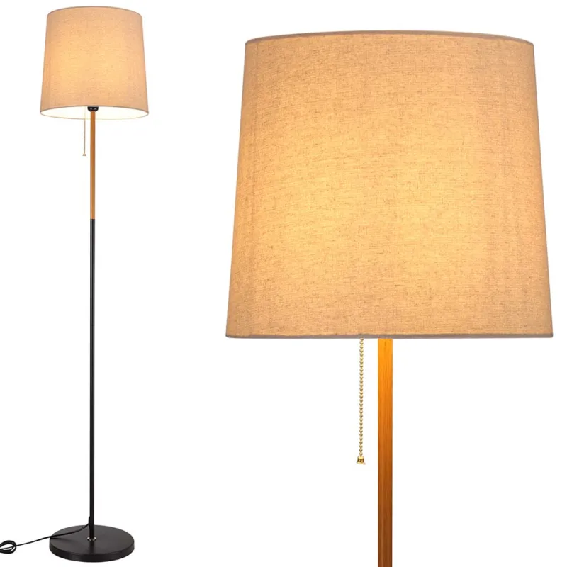 Esclusivo Lampada Piantana Terra Design Moderno Paralume E27 Tessuto Legno Metallo Nero