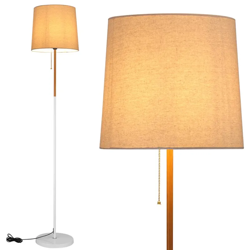 Subito Disponibile Lampada Piantana Terra Design Moderno Paralume E27 Tessuto Legno Metallo