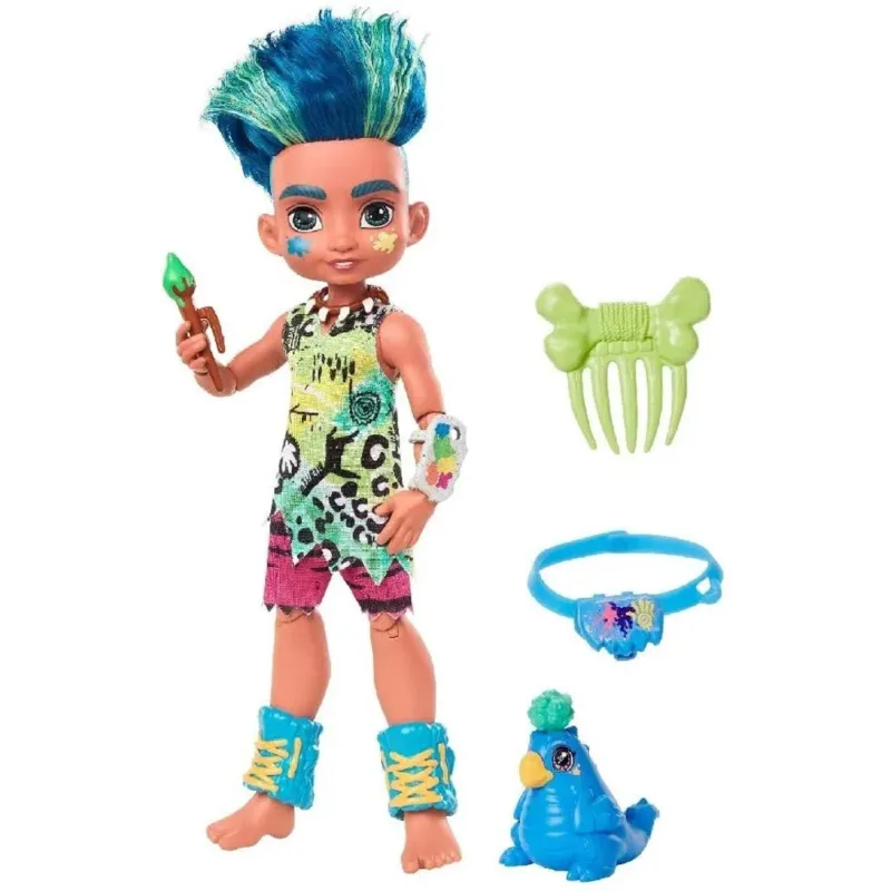 Offerta Lampo Cave Club Bambola Preistorica Slate Capelli Blu con Dinosauro e Accessori 25 cm