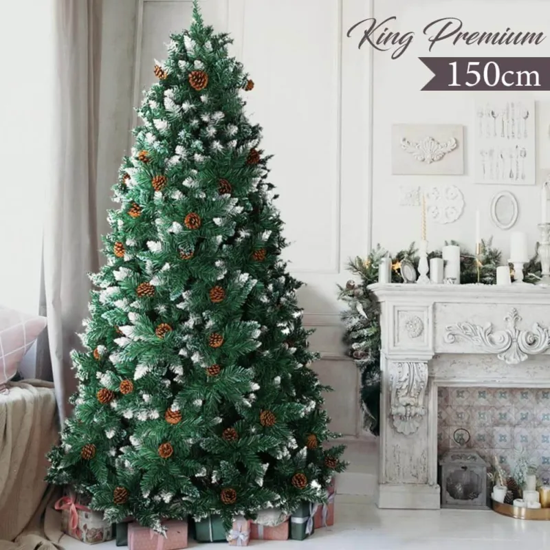 Albero Di Natale Innevato King Premium 150cm 530 Rami con Pigne e Base Legno Nuovo Arrivo