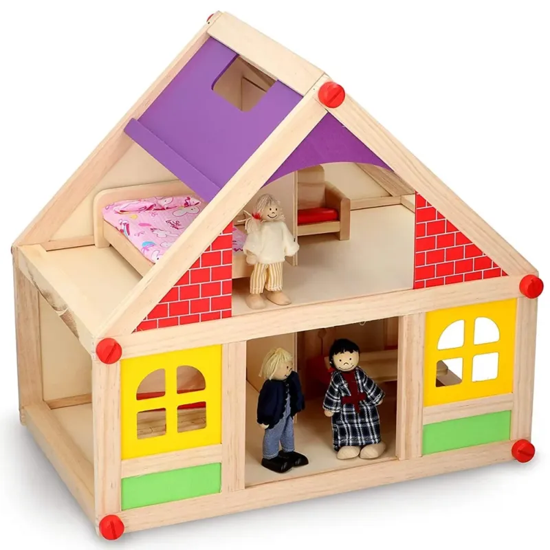 Casa delle Bambole in Legno Giocattolo per Bambini con 3 Bamboline e Mobili Quantità Limitata