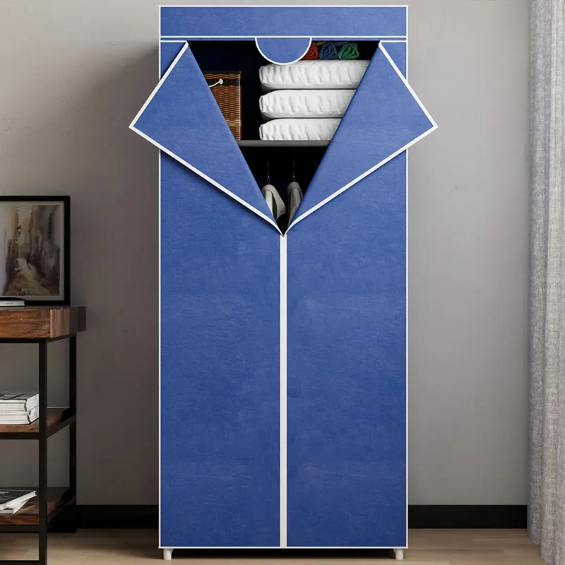 Armadio in tessuto TNT Guardaroba Appendiabiti con ripiano 70x46x160 cm Blu Sconto