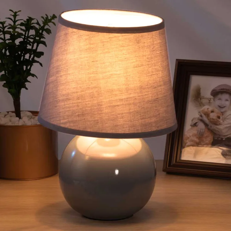 Lampada da Tavolo Lume Comodino Ceramica Tessuto Grigio Design Moderno Abatjour Prezzo Di Fabbrica