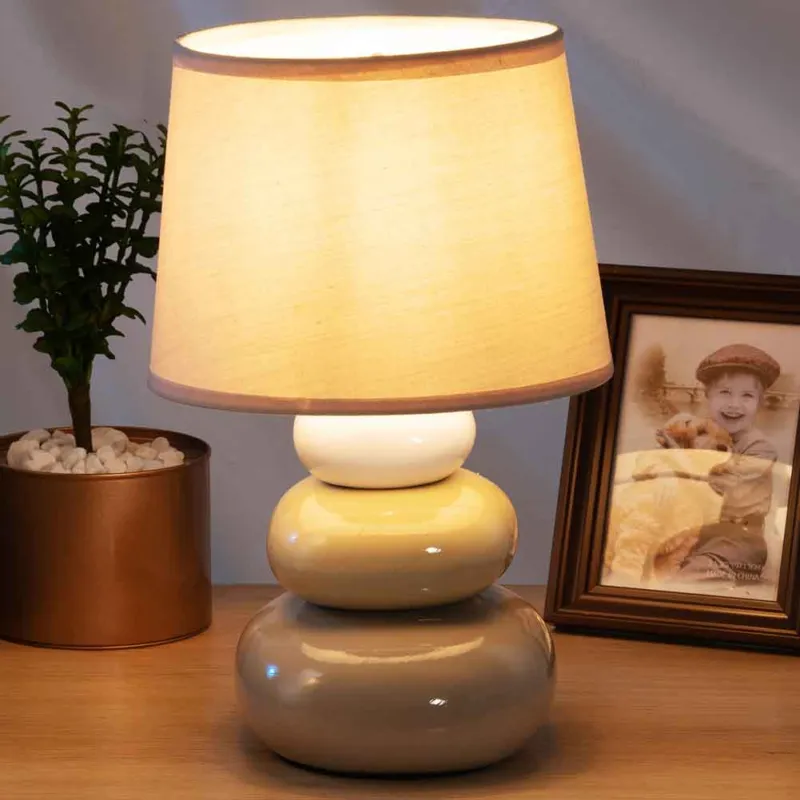 Saldi Lampada da Tavolo Lume Comodino Ceramica Tessuto Beige Design Moderno Abatjour
