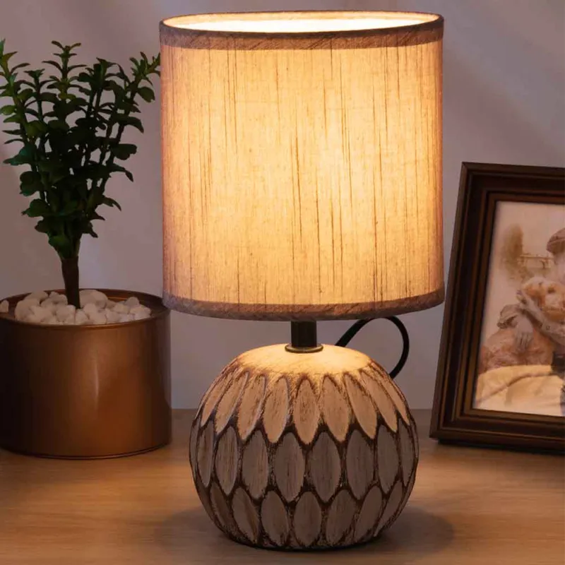 Spedito Oggi Lampada da Tavolo Lume Comodino Ceramica Tessuto Brown Design Moderno Abatjour