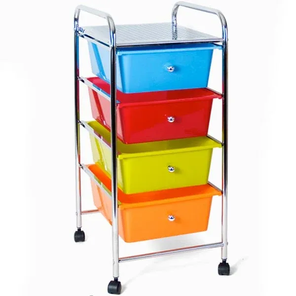 Solo Oggi Carrello Estetista In Acciaio Cromato Cassettiera 4 Cassetti Colorati E 4 Ruote