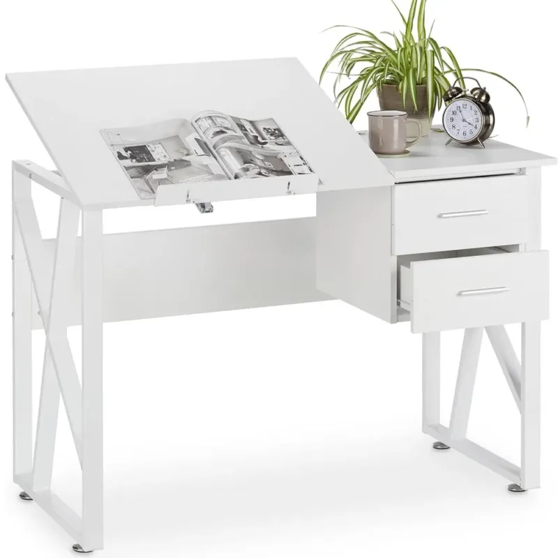 Scrivania Piano Reclinabile Cassettiera 2 Cassetti Tavolo Porta PC Computer Bian Miglior Prezzo