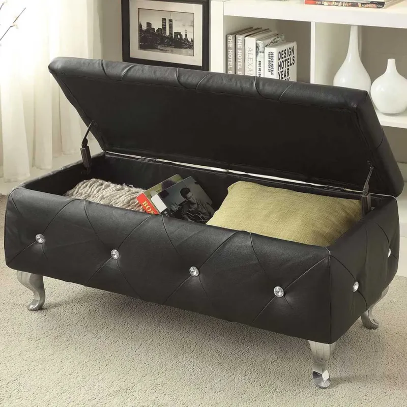 Cassapanca Pouf Contenitore Panca Sgabello Poggiapiedi Legno Ecopelle Nero Ordina Subito