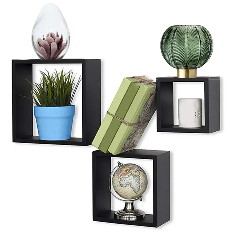Set 3 Mensole da Parete Moderne Design Cubo Mensola Scaffale in Legno MDF Nero Economico
