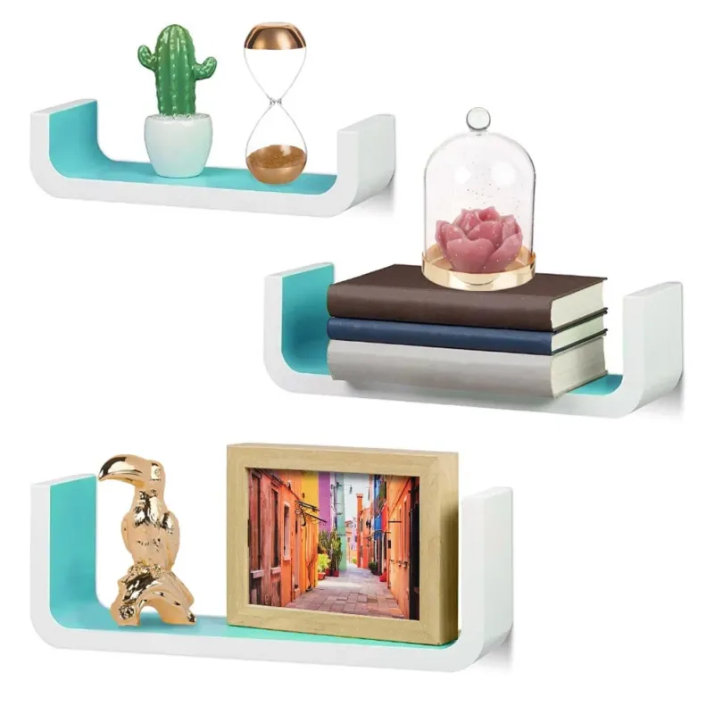 Prezzo Conveniente Set 3 Mensole da Parete Moderne Design Bordi Mensola Legno Scaffale Bianco Blu