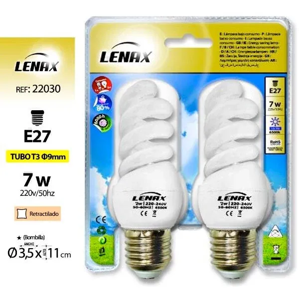 Lampadine Risparmio Energetico Set 2 Pezzi a Spirale 7W E27 Bianco Fredda Lenax Promozione Esclusiva