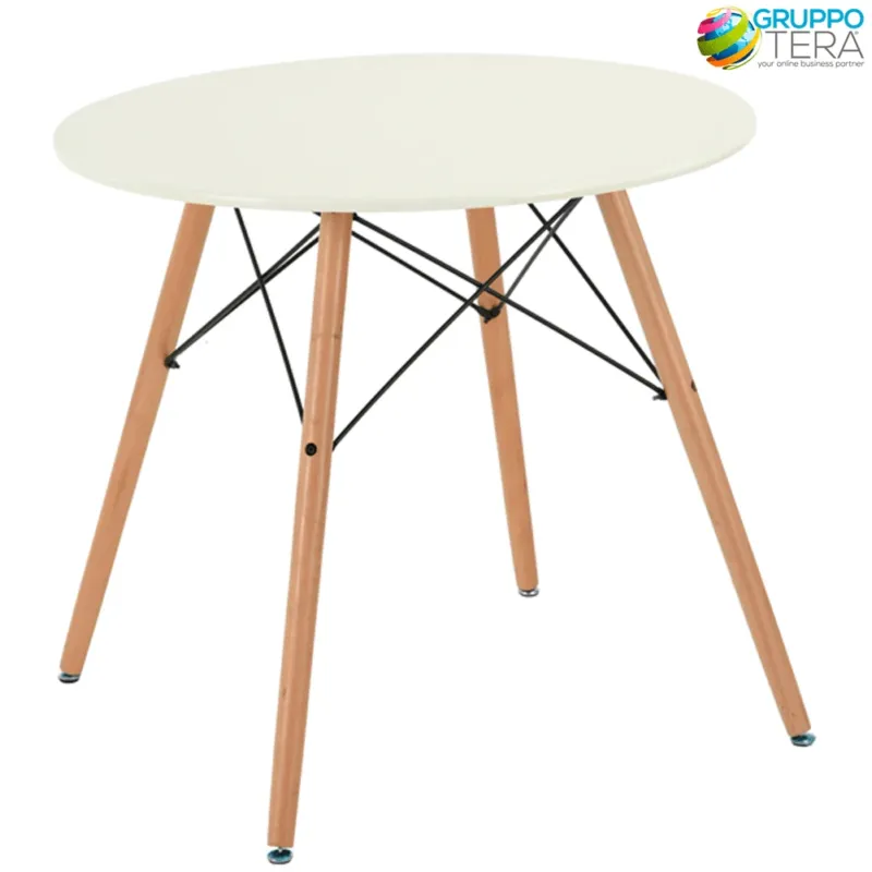 TAVOLO DA PRANZO MODERNO ROTONDO PIANO IN MDF BIANCO CON GAMBE IN LEGNO 80x75CM Super Prezzo