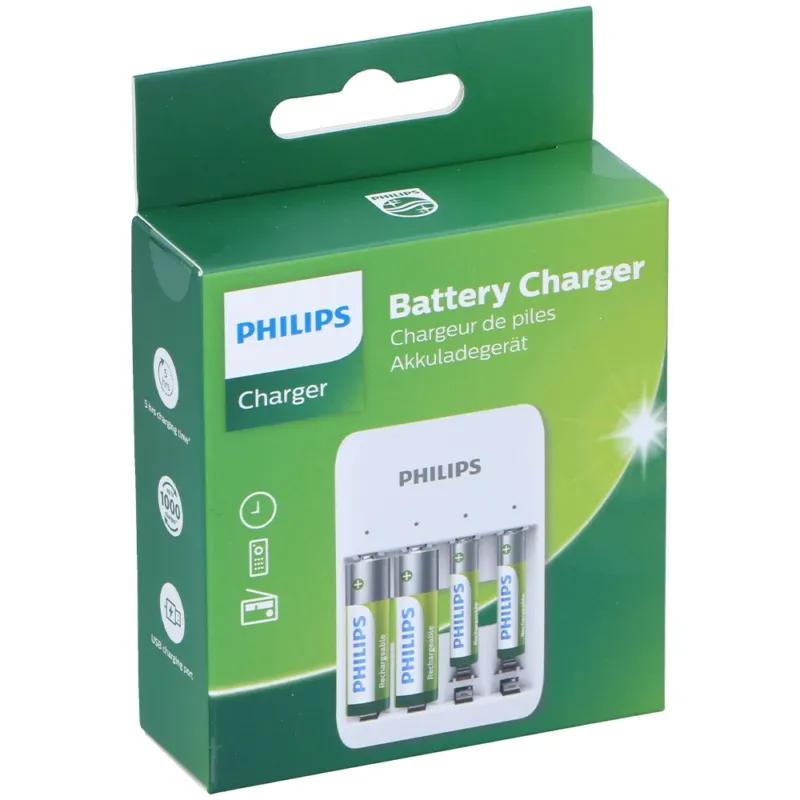 Promozione Esclusiva Philips Caricabatterie USB Led Universale completo di 4 Batterie Ricaricabili