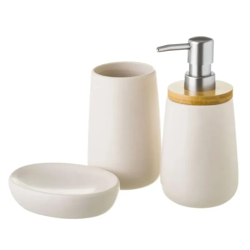 Set Bagno 3pz Con Dispenser Sapone Bicchiere Portaspazzolini Ceramica e Legno Occasione