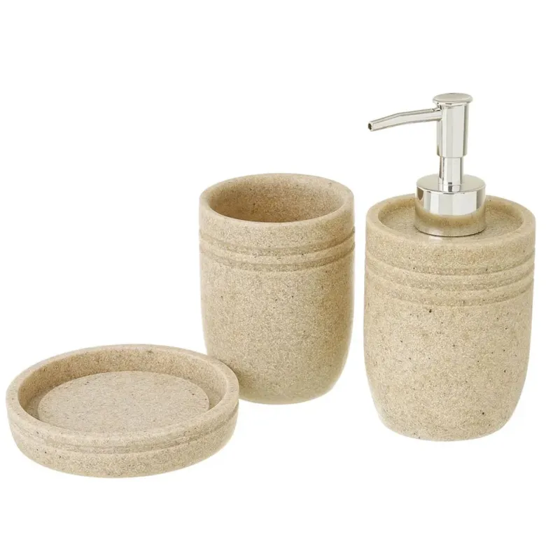 Set Bagno 3pz Con Dispenser Sapone Bicchiere Portaspazzolini Poliresina Stone Must-Have