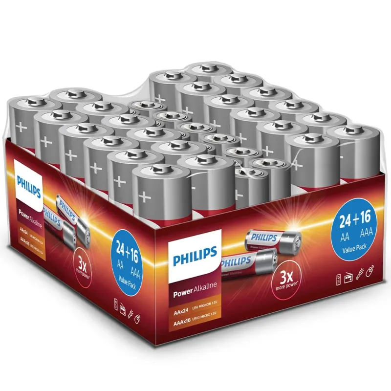 Philips 40 Batterie Pile Monouso Alcaline 24 Stilo e 16 Ministilo Lunga Durata Offerta Lampo
