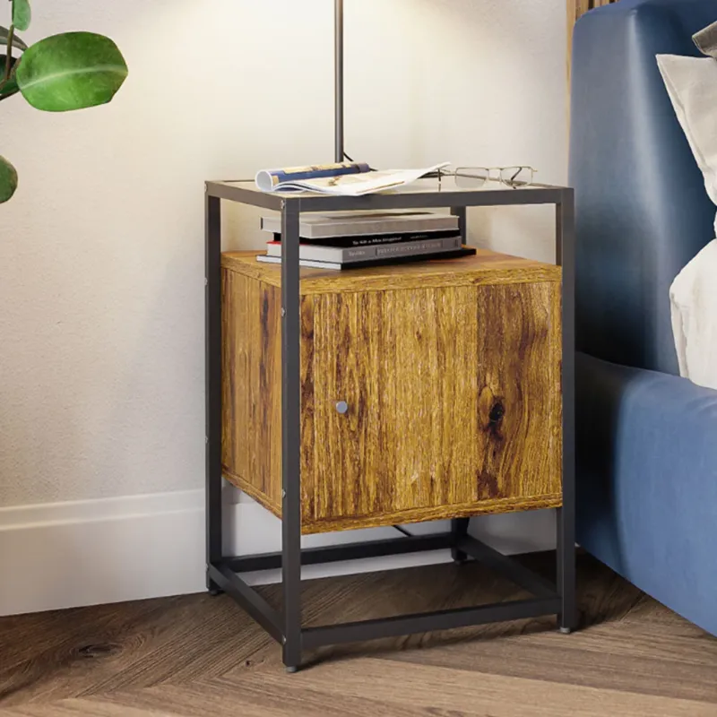 Tavolino Divano Mobiletto Comodino in Metallo Legno e Vetro con Anta e Ripiano Must-Have