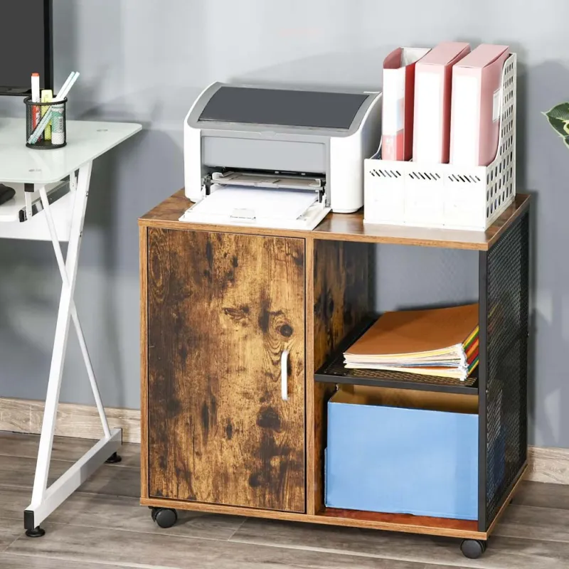 Compra Online Mobile Mobiletto Stampante Legno MDF e Metallo 3 Ripiani + Anta Design Moderno