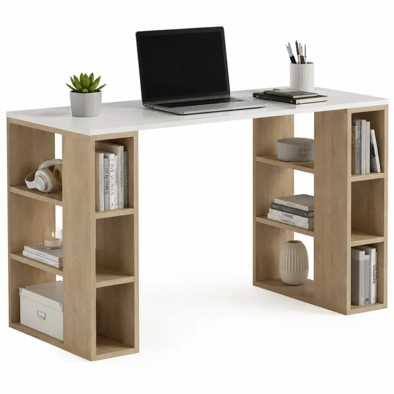 Scrivania Libreria 6 Ripiani Tavolo Porta Pc Computer Legno Casa Ufficio Quercia Sconto
