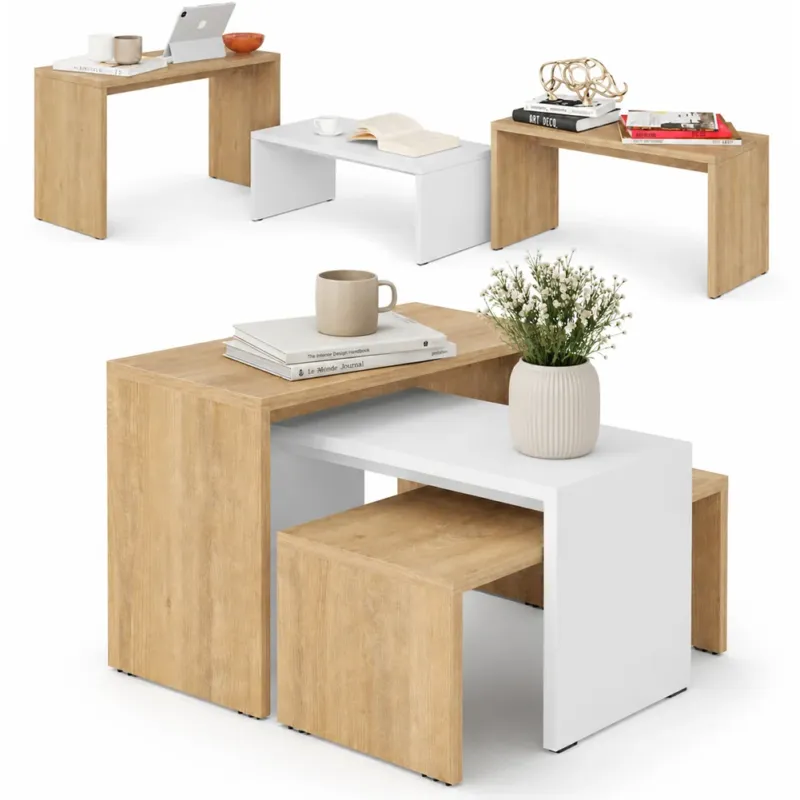 Tavolino Caffe Divano Salotto Rettangolare 3Pz Design Moderno Legno Quercia Bestseller