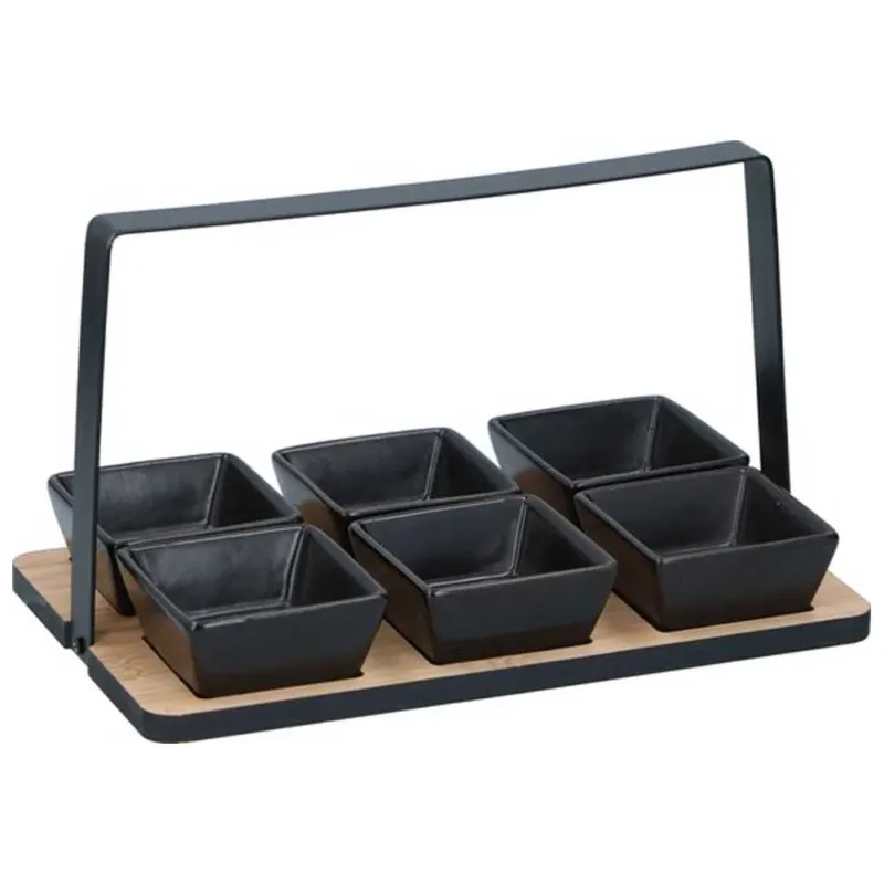 Set 6 Ciotole in Ceramica + Vassoio Legno con Manico per Stuzzichini e Contorni Novità