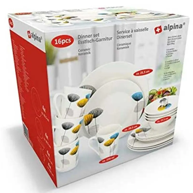 Servizio Piatti da Tavola 16pz 4 Persone Decorazione Fiori con Tazzine Ciotole Sconto