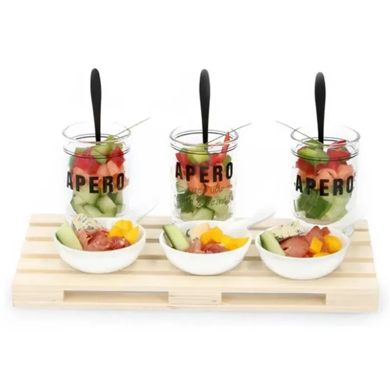 Set Aperitivo Vassoio Pallet + 3 Ciotole + Bicchieri e Cucchiaini Stuzzichini Nuova Collezione