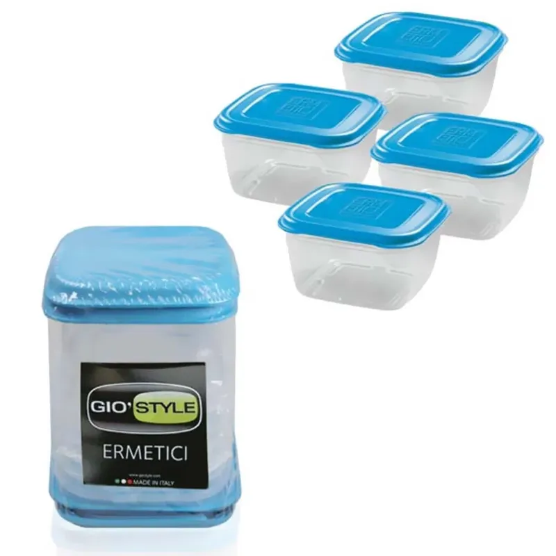 Super Prezzo Set 4 Contenitori Quadrati In Plastica Ermetici 0,25 Lt Con Coperchio Azzurro