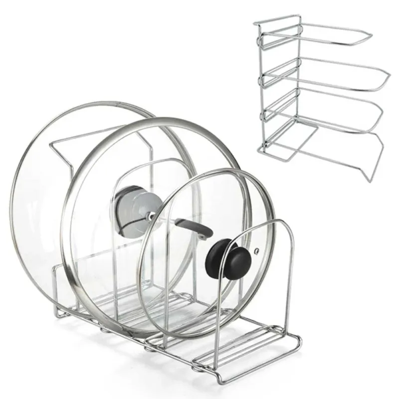 Stand Porta Coperchi Piatti Padelle Da Cucina In Metallo Cromato Con 3 Posti Reso Gratuito